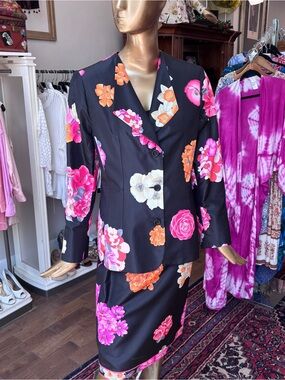Leonard Paris Black Floral Dress or Skirt with Pink Blooms